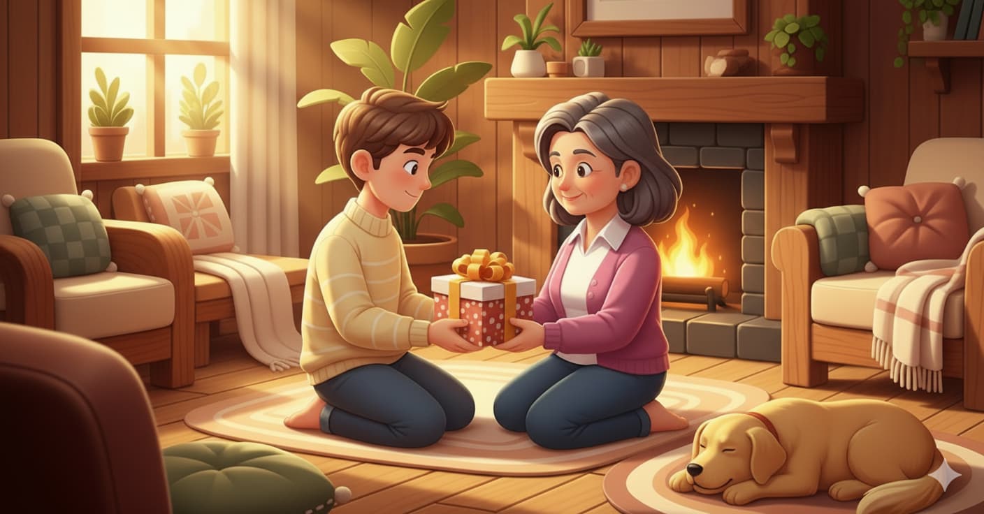 Detalle de una caja de regalo abierta revelando productos cuidadosamente seleccionados y una atmósfera festiva.